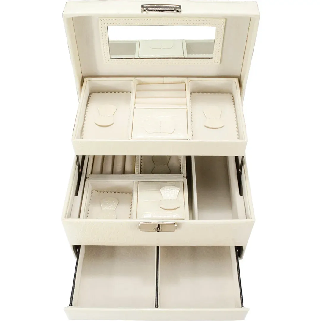 Cheri Bliss Portable Vegan Leather Croc Embossed Cream Jewelry Box with Drawer, Key Lock, and Carry Handle | BF12502
