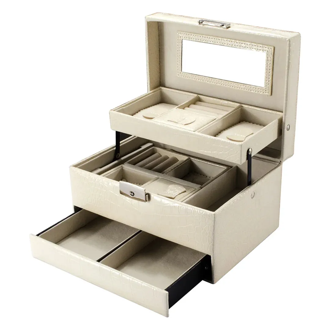 Cheri Bliss Portable Vegan Leather Croc Embossed Cream Jewelry Box with Drawer, Key Lock, and Carry Handle | BF12502
