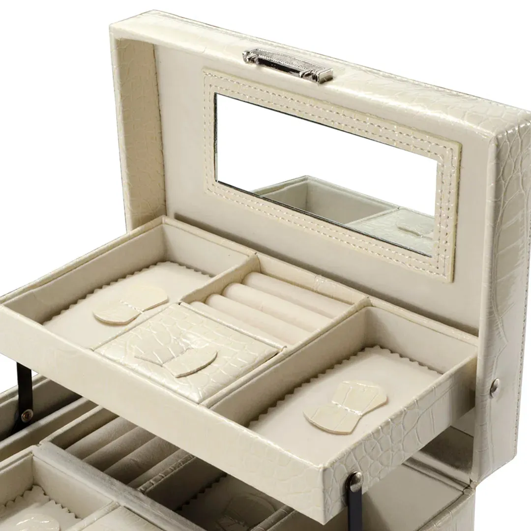 Cheri Bliss Portable Vegan Leather Croc Embossed Cream Jewelry Box with Drawer, Key Lock, and Carry Handle | BF12502