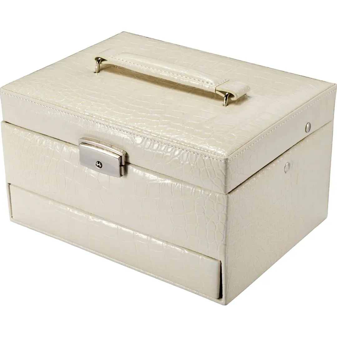 Cheri Bliss Portable Vegan Leather Croc Embossed Cream Jewelry Box with Drawer, Key Lock, and Carry Handle | BF12502