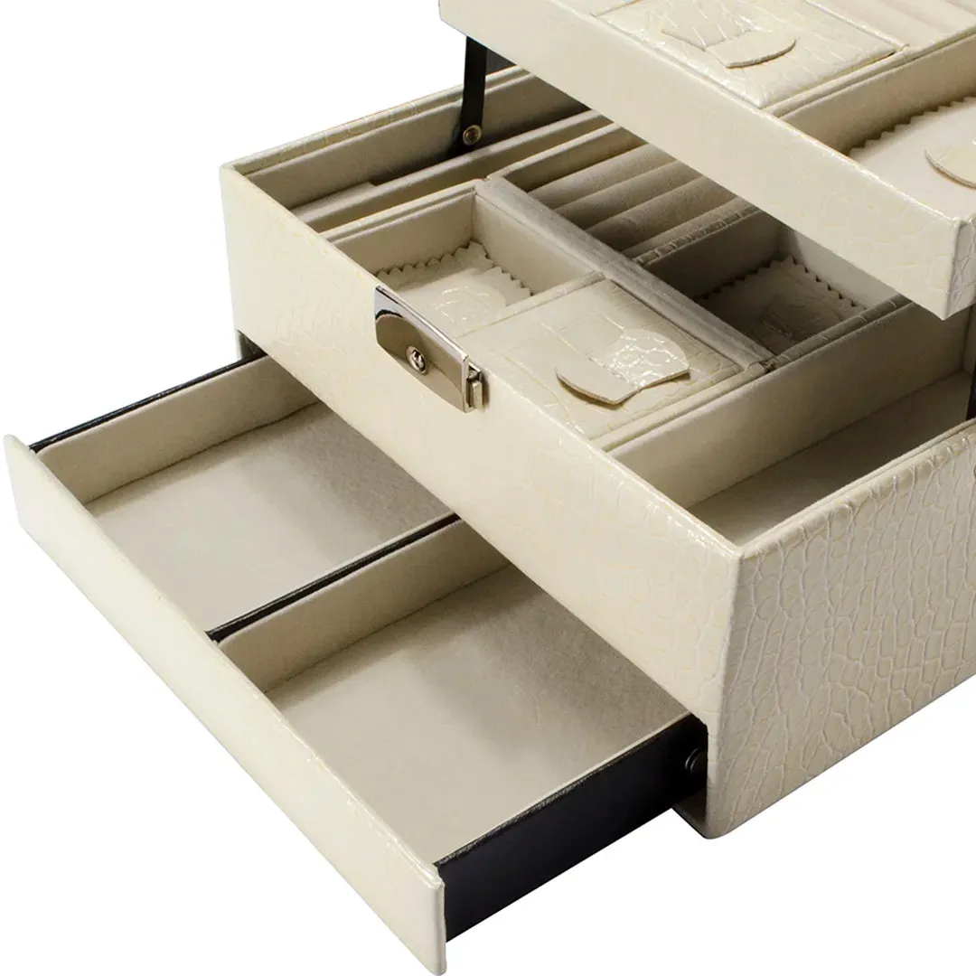 Cheri Bliss Portable Vegan Leather Croc Embossed Cream Jewelry Box with Drawer, Key Lock, and Carry Handle | BF12502