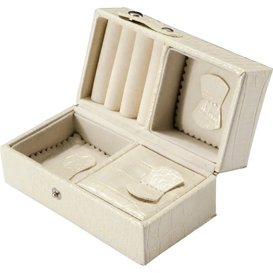 Cheri Bliss Portable Vegan Leather Croc Embossed Cream Jewelry Box with Drawer, Key Lock, and Carry Handle | BF12502
