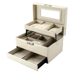 Cheri Bliss Portable Vegan Leather Croc Embossed Cream Jewelry Box with Drawer, Key Lock, and Carry Handle | BF12502