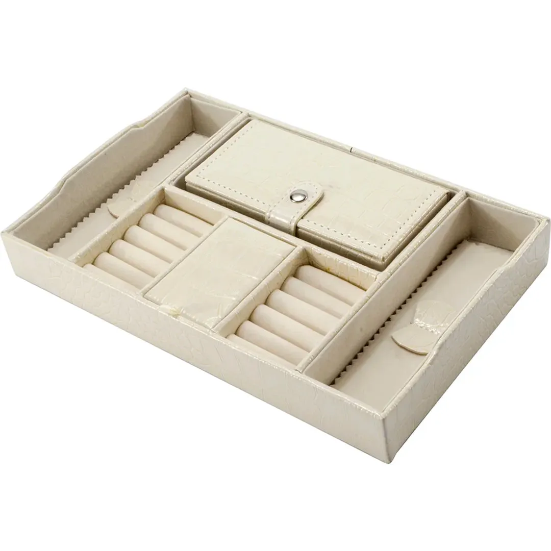 Cheri Bliss Vegan Leather Croc Embossed Cream Jewelry Box with Drawer and Key Lock  | BF12504