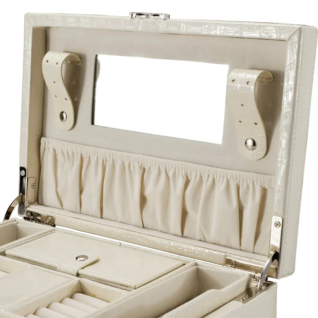 Cheri Bliss Vegan Leather Croc Embossed Cream Jewelry Box with Drawer and Key Lock  | BF12504