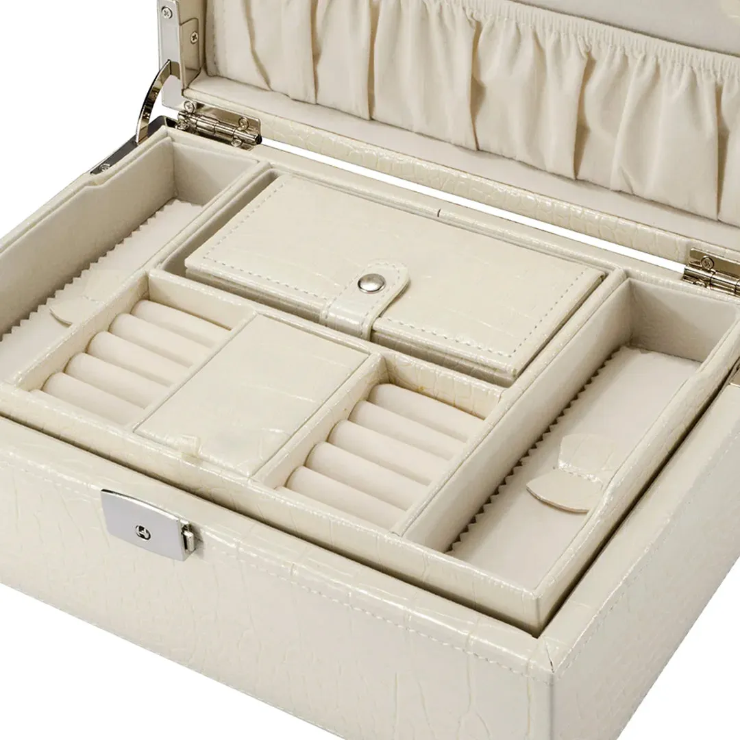 Cheri Bliss Vegan Leather Croc Embossed Cream Jewelry Box with Drawer and Key Lock  | BF12504