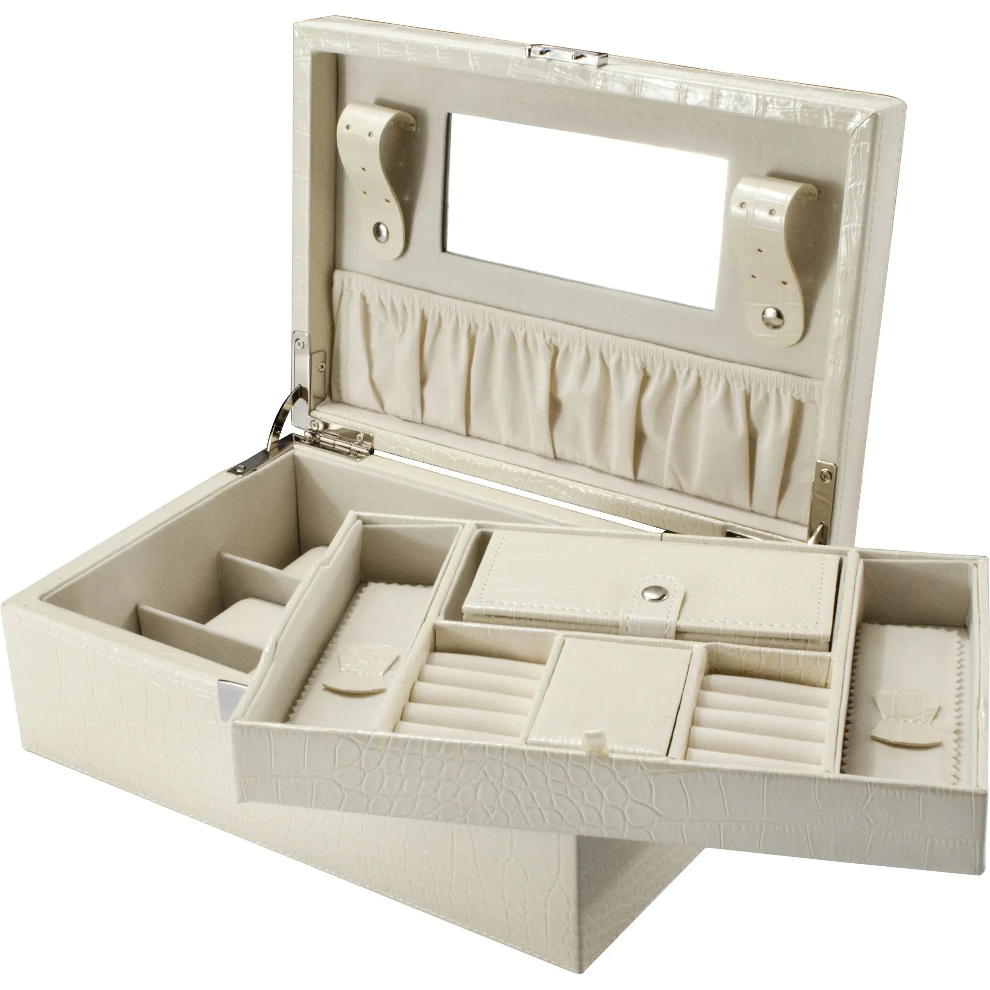 Cheri Bliss Vegan Leather Croc Embossed Cream Jewelry Box with Drawer and Key Lock  | BF12504