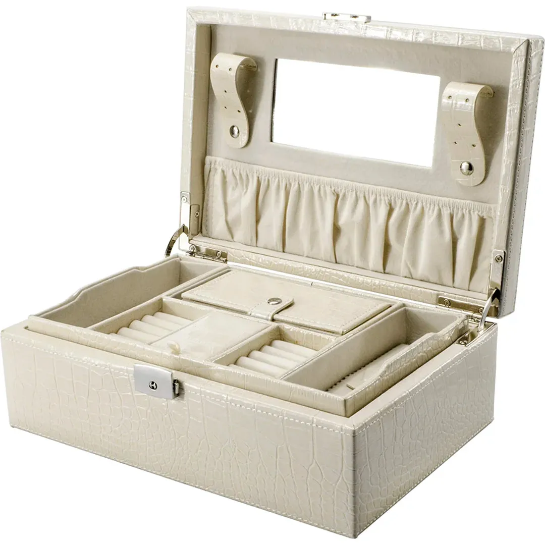 Cheri Bliss Vegan Leather Croc Embossed Cream Jewelry Box with Drawer and Key Lock  | BF12504