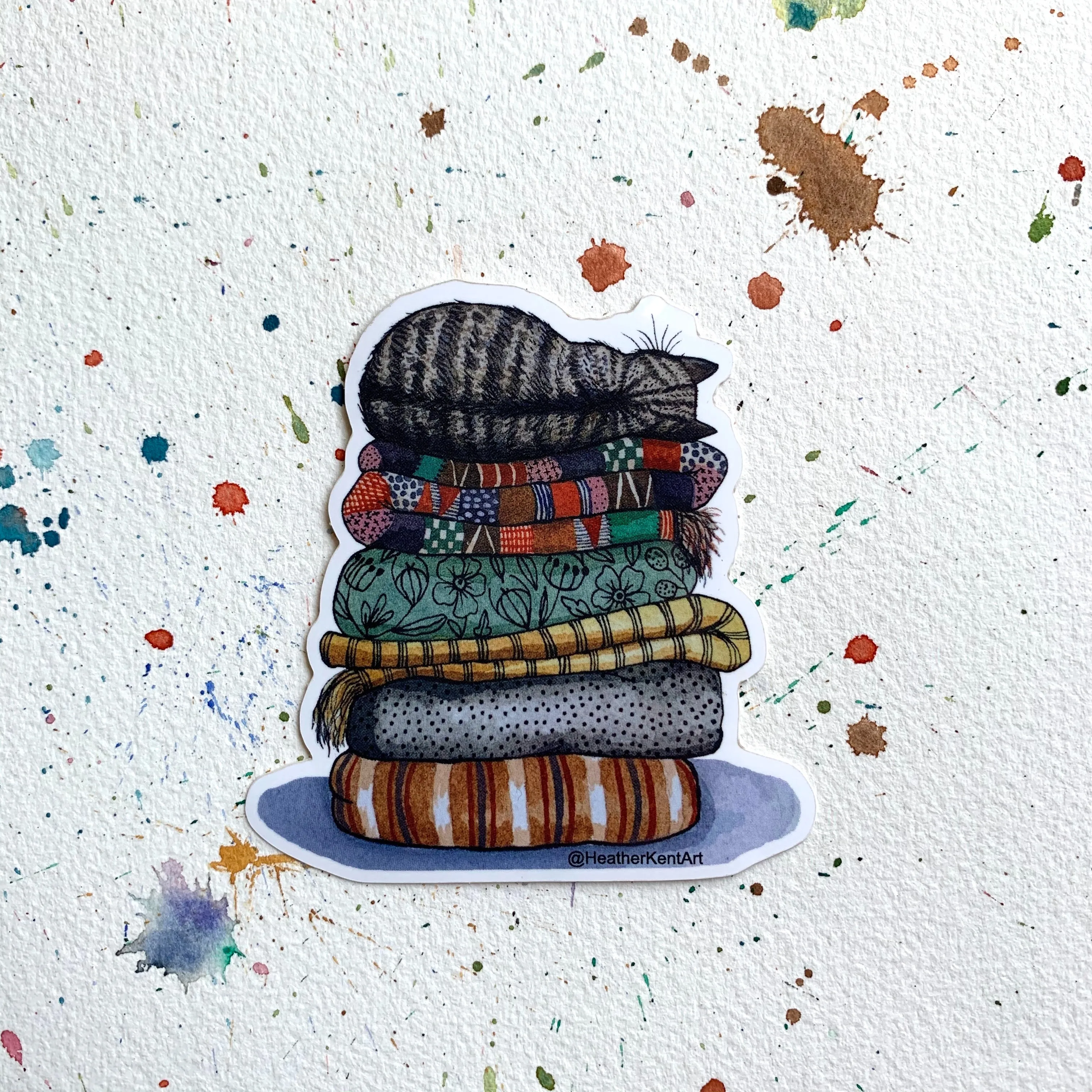 Cozy Cat on Stack of Quilts Vinyl Sticker, 3 inch, FREE SHIPPING