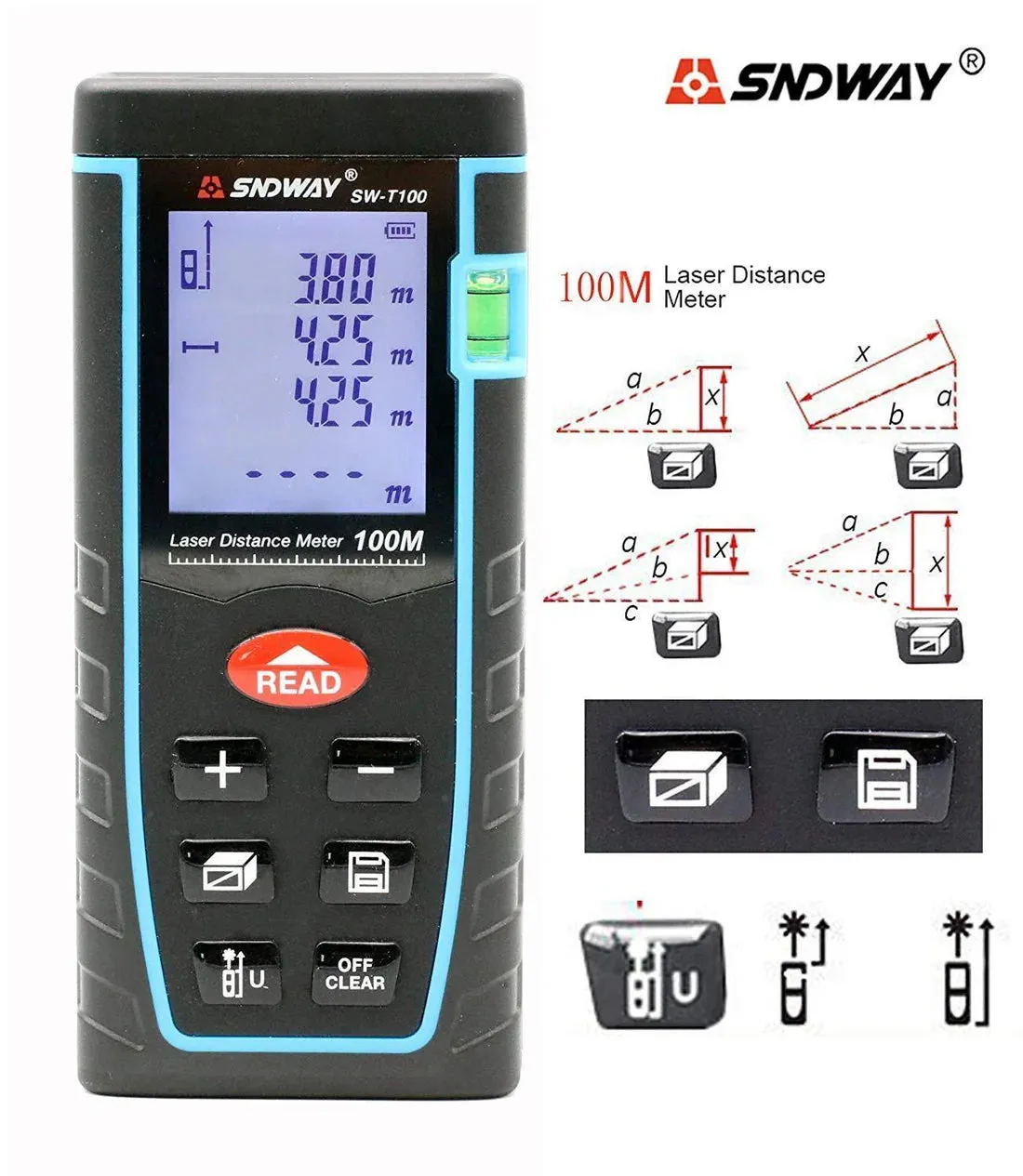 Crony T100 Diastimeter Sndway SW T100 100M Laser Distance Meter Laser Range Area Volume Measure Tool