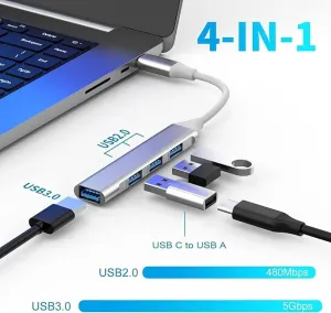 Dealsplant 4 in 1 Portable USB C Hub (Type-C to 4 USB-A Ports) with Aluminum Shell, USB Port Hub 3.0 Compatible for PC, Tablet, and Smartphone - White