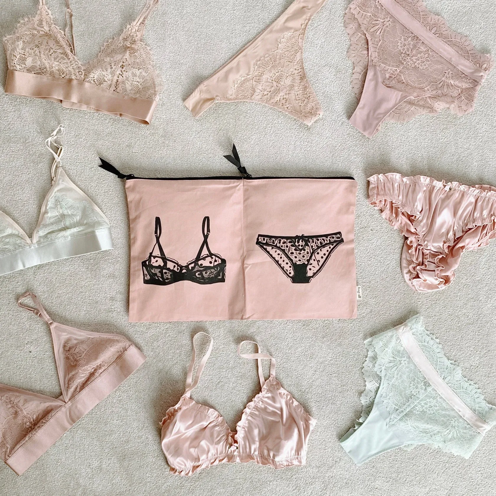 Double Lingerie Canvas Bag Set - Pink