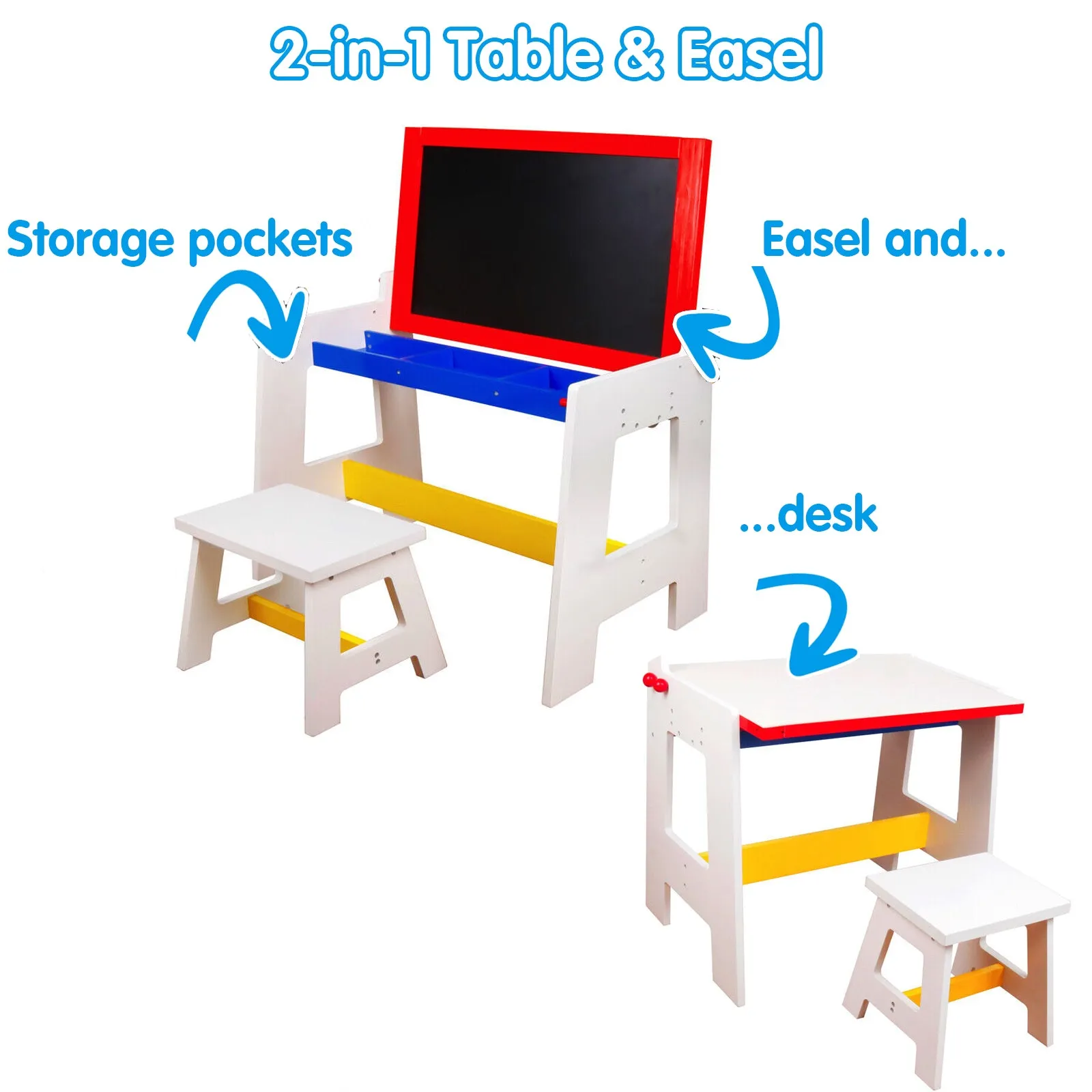Eco-Conscious Solid Wood 2-in-1 Desk & Stool Set with Easel, Storage & Paper Roll | 3-8 Years