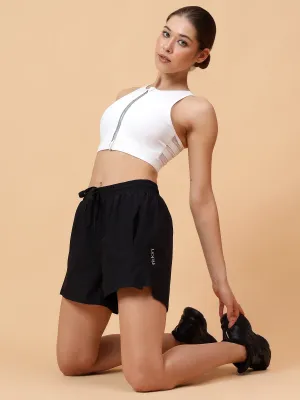 Fitkin Women Black Double Layer Laser Cut Detail Shorts
