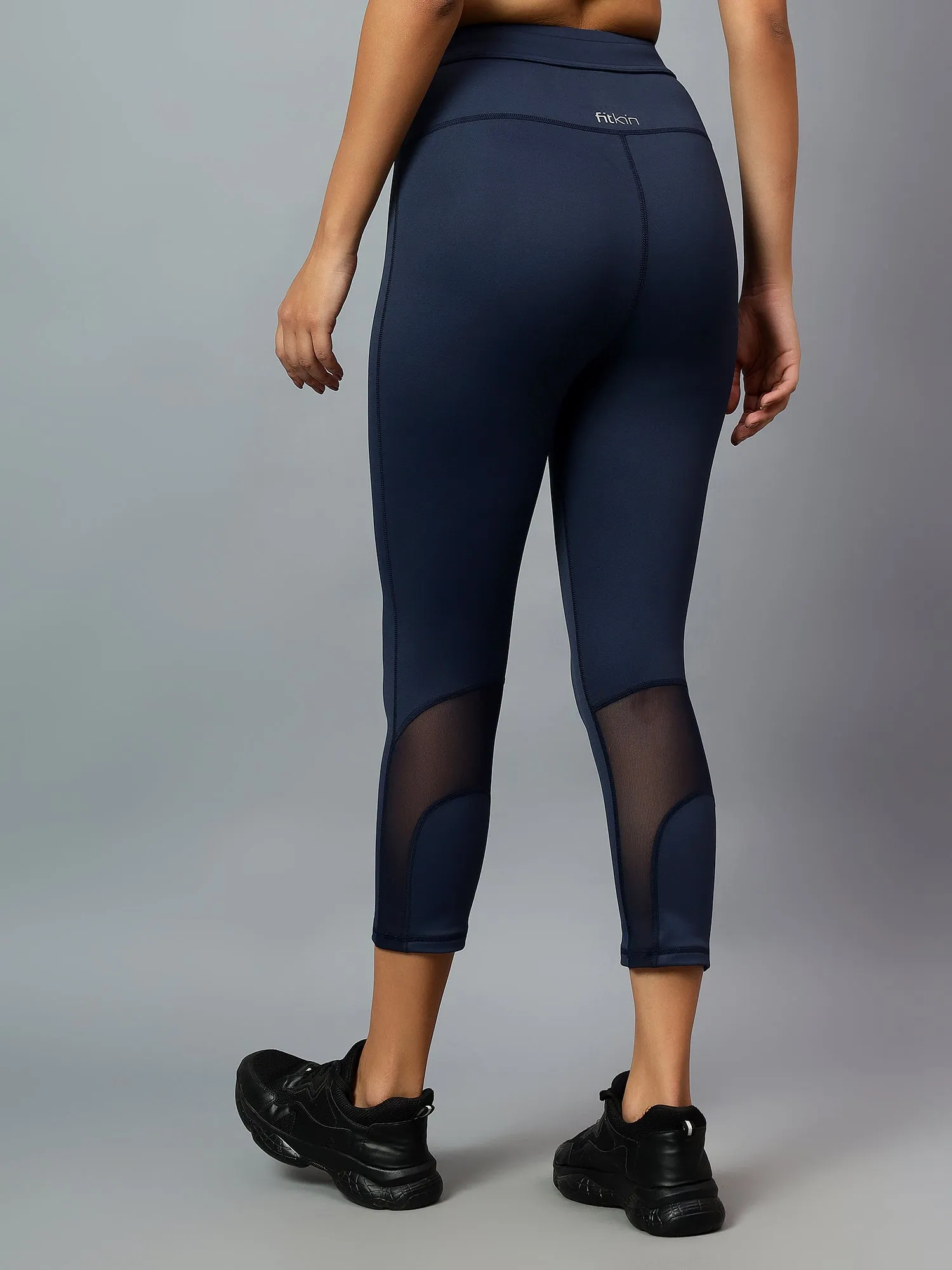 Fitkin Women Navy Mesh Back Cutout Capri