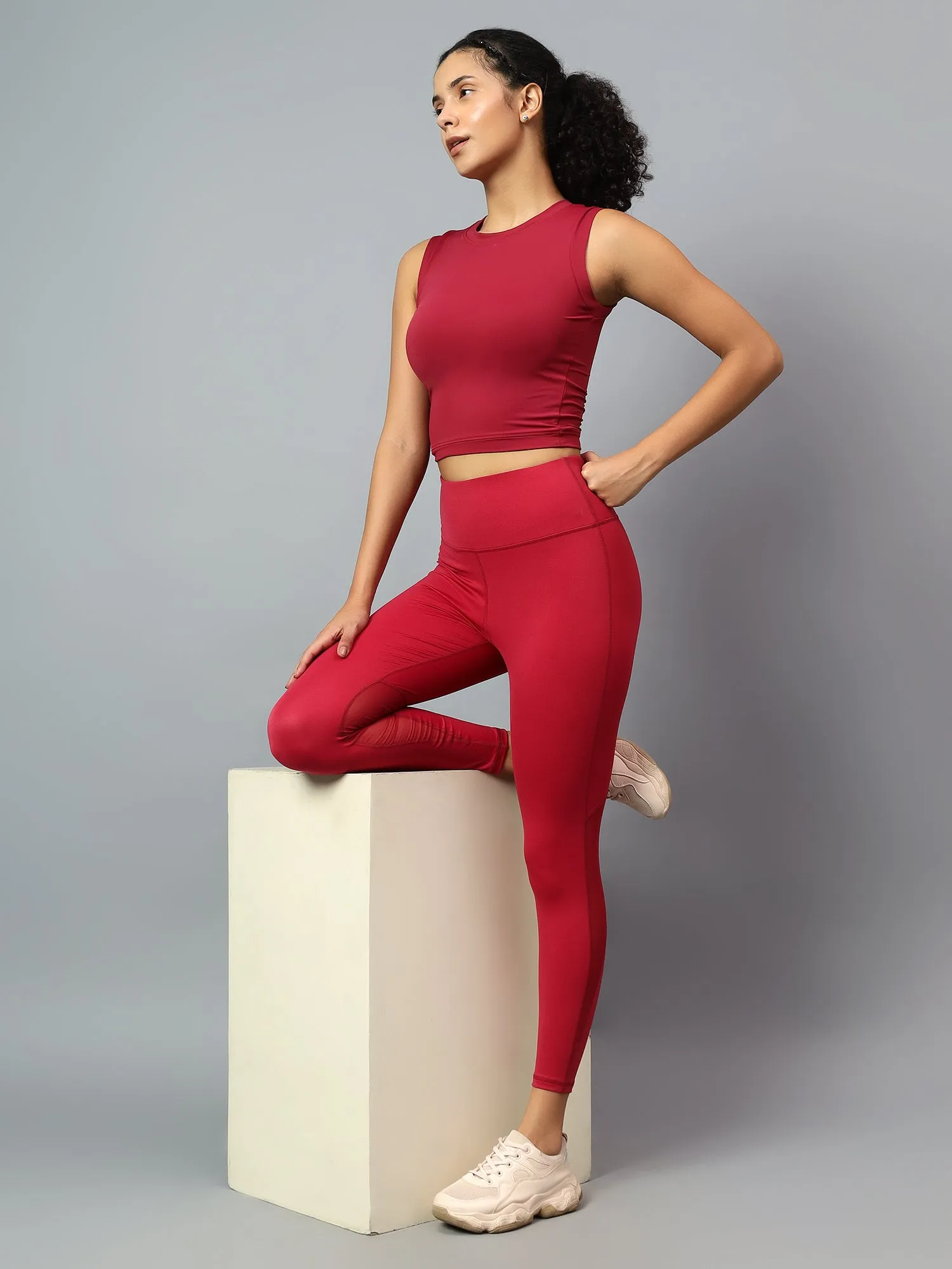 Fitkin Women's Magenta Back Mesh Design Tights
