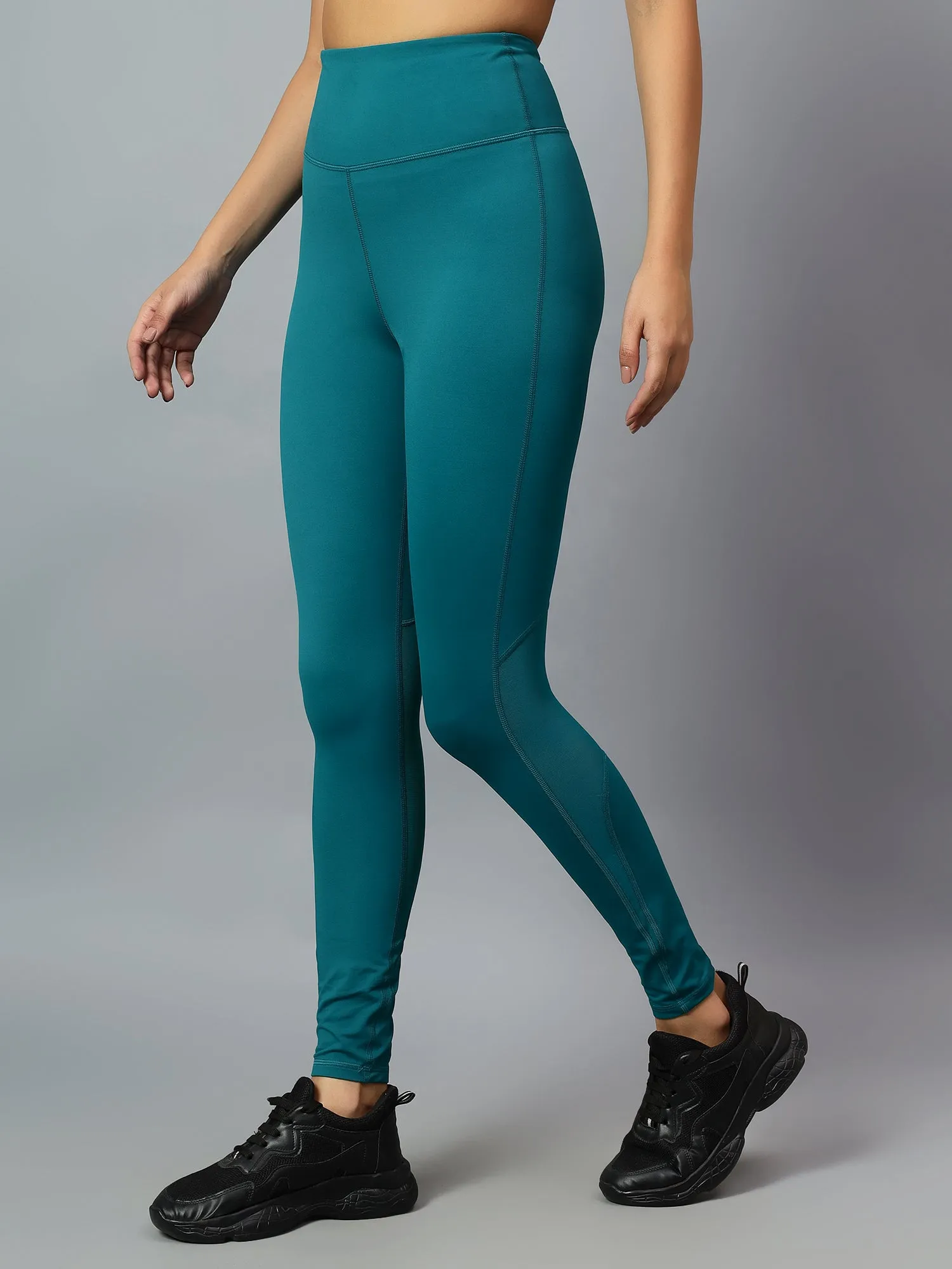 Fitkin Women's Teal Back Mesh Design Tights