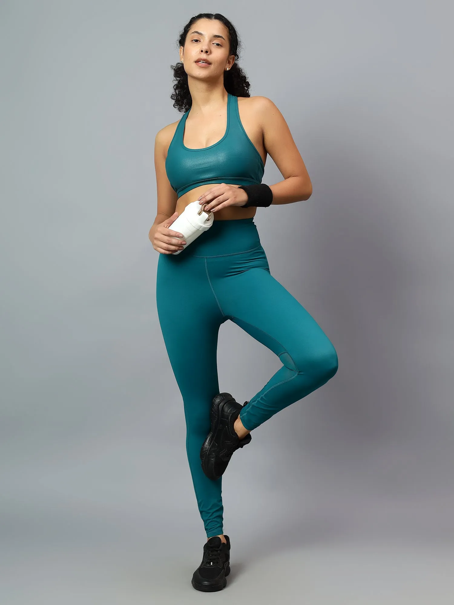 Fitkin Women's Teal Back Mesh Design Tights