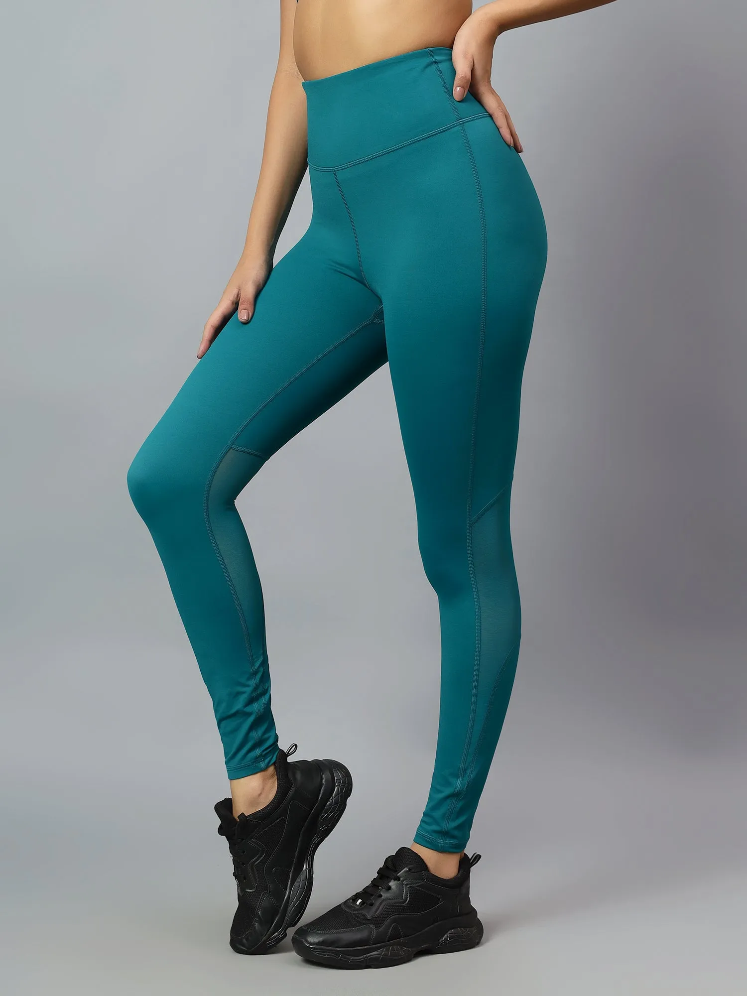 Fitkin Women's Teal Back Mesh Design Tights