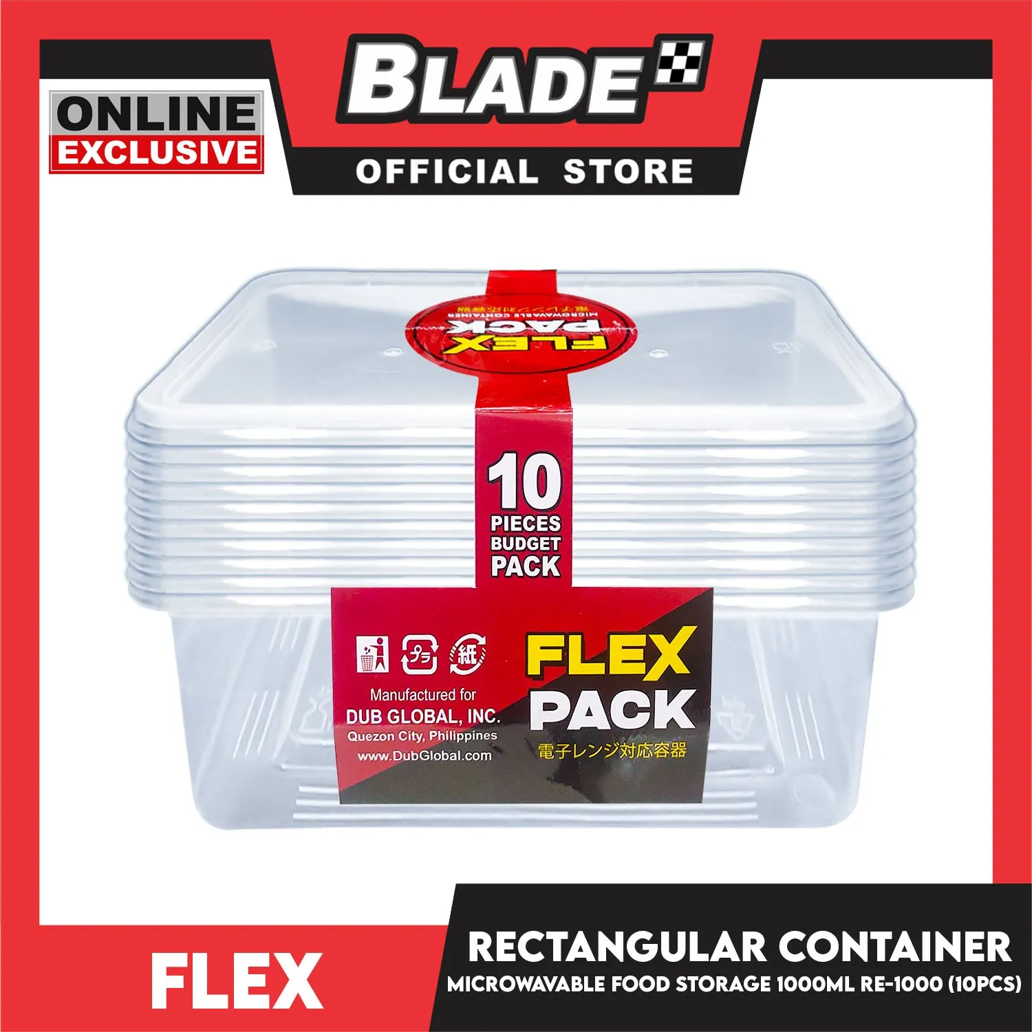 Flex Microwavable Container Rectangle Food Storage 1000ml 17x12x6.5cm RE1000 (Set of 10)