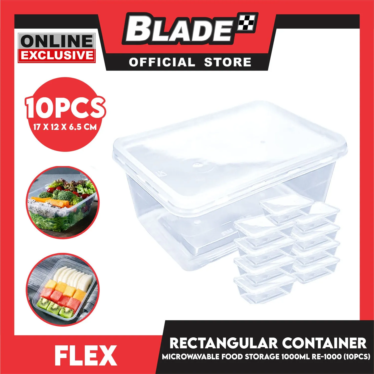Flex Microwavable Container Rectangle Food Storage 1000ml 17x12x6.5cm RE1000 (Set of 10)