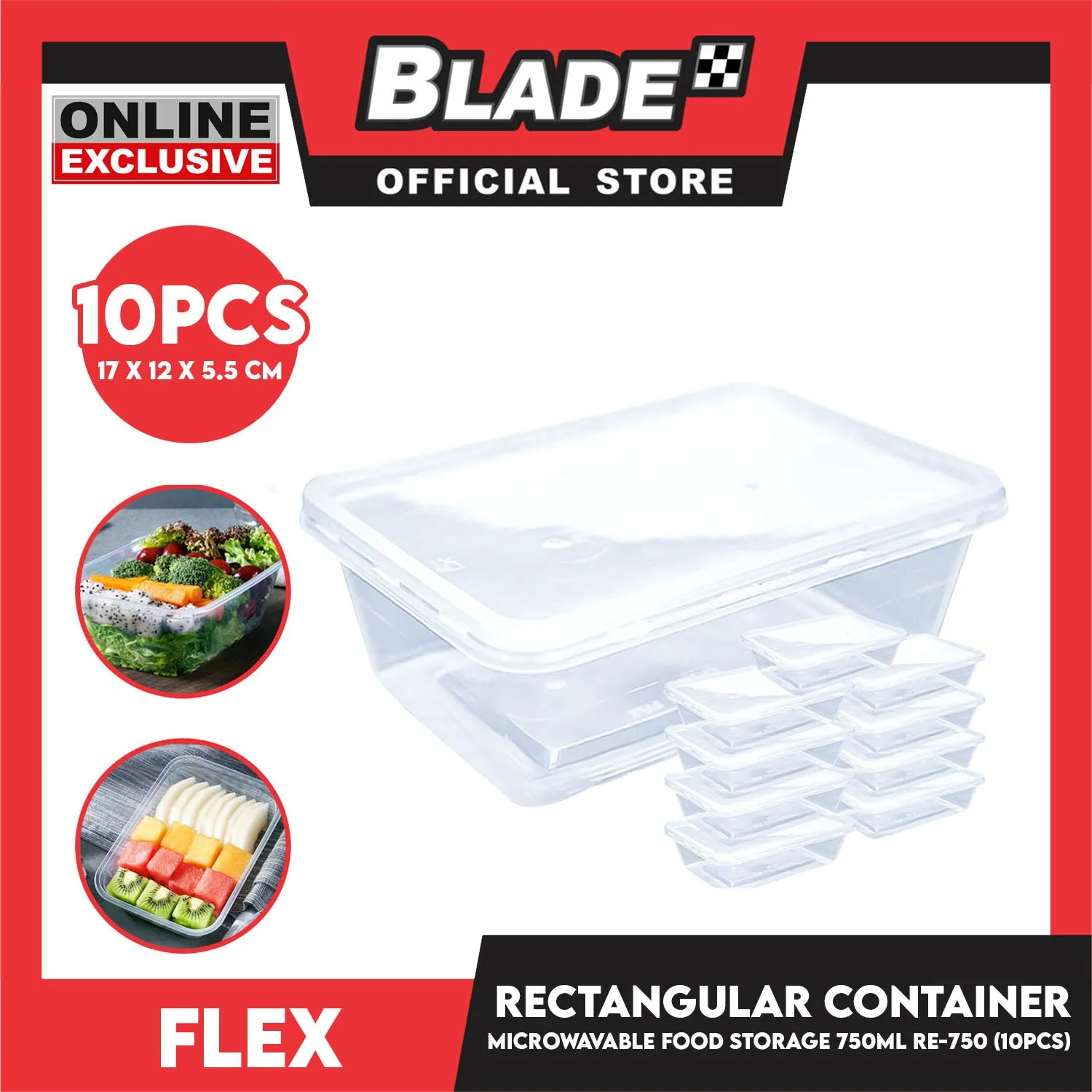 Flex Microwavable Container Rectangle Food Storage 750ml 17x12x5.5cm RE750 (Set of 10)
