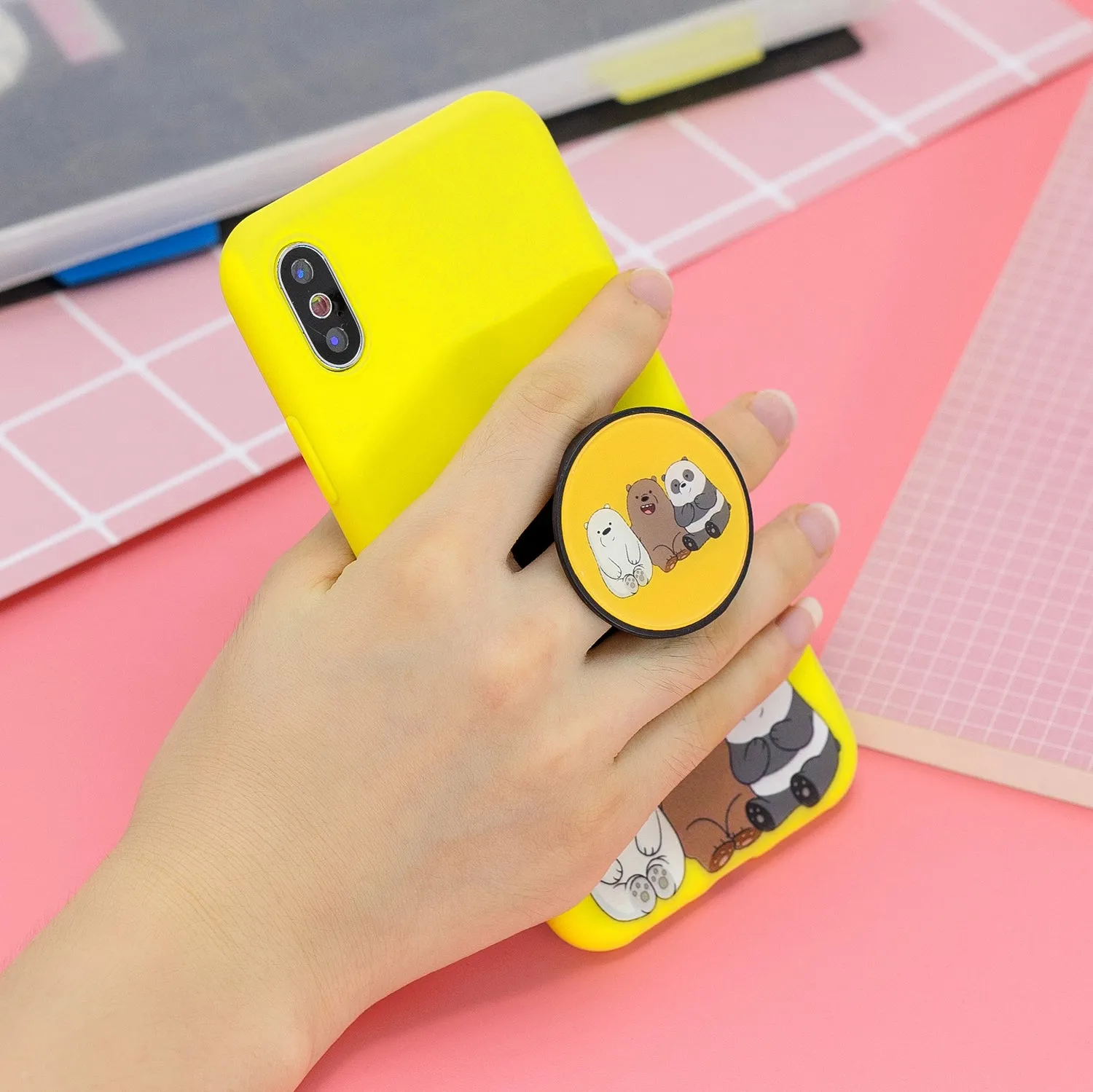 For Samsung A30 A20 TPU Full Cover Cartoon Pattern Solid Color Protective Phone Case with Adjustable Bracket 7