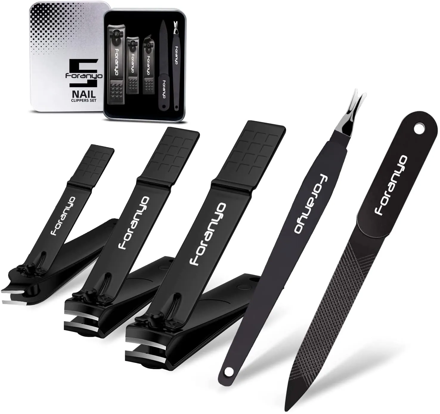 Foranyo Nail Clippers, 5 in 1 Stainless Steel Nail Clipper Set, Professional Fingernail & Toenail Clippers with Gift Box(Black)