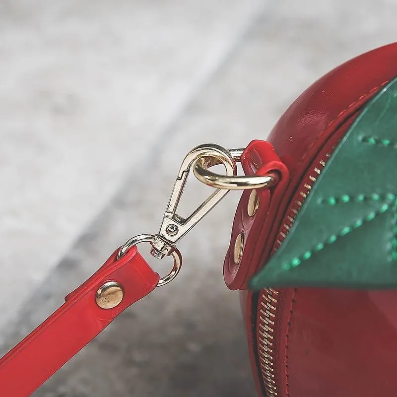 Giant Apple Crossbody Zipped Shoulder Bag PU Leather Kawaii Harajuku Cute Fun Fruit Handbag Red Green Woman Girl Apple Leaf
