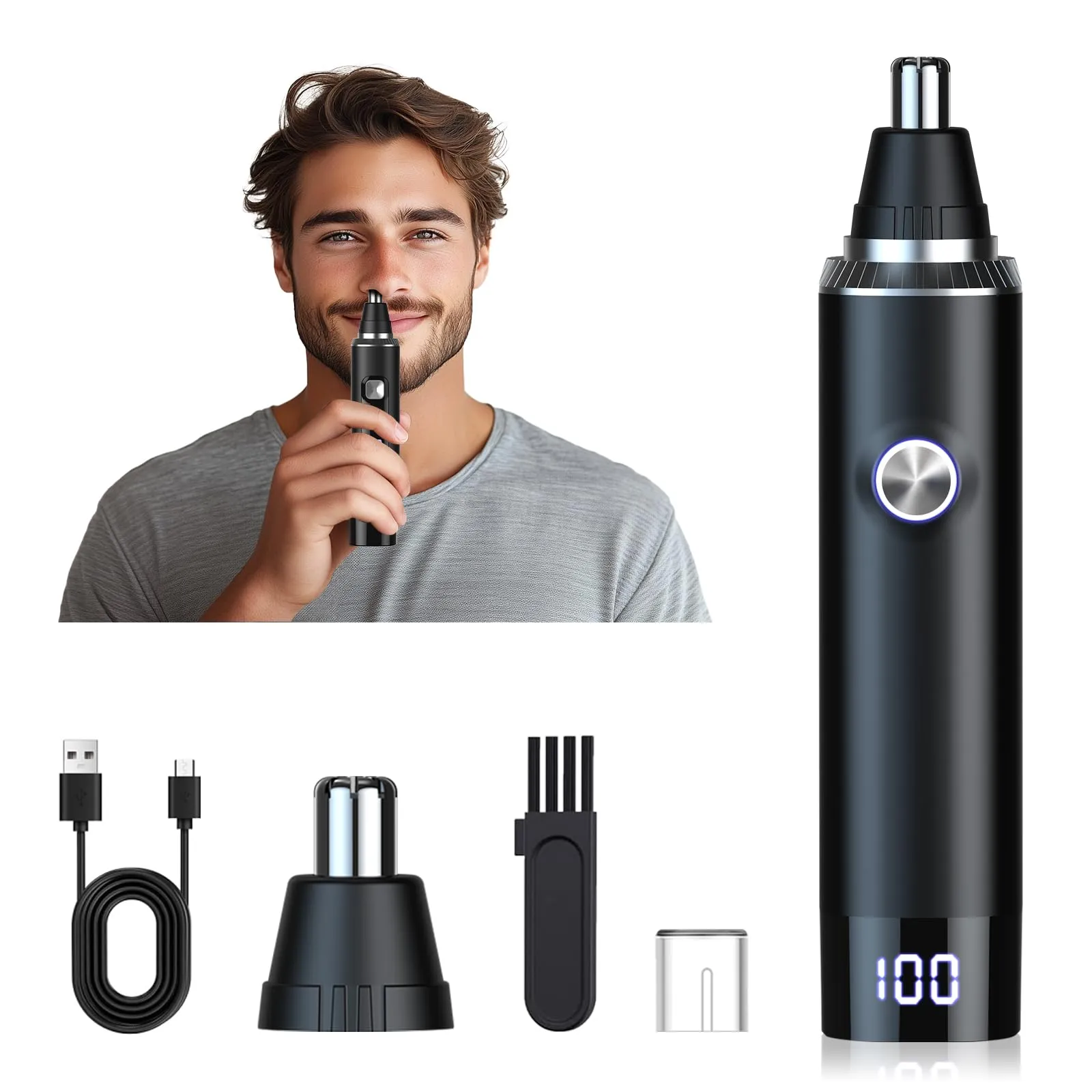 Ginity Ear and Nose Hair Trimmer for Men Women with LED Light Digital Display,Painless USB Rechargeable Facial Hair Remover with Powerful Motor and Dual-Edge Blades Easy Cleansing 12000 RPM