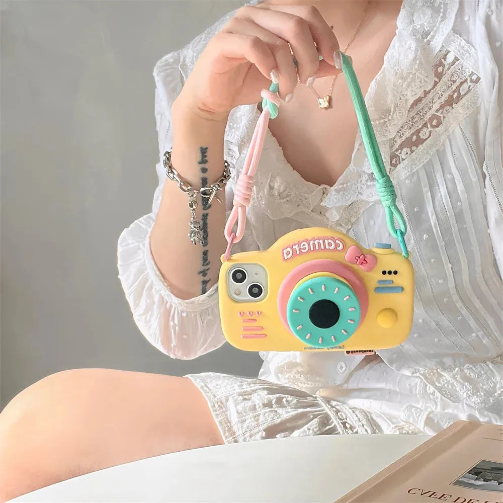 Kawaii 3D Cute Camera Phone Case 📸✨ - Soft Silicone Kickstand Cover for iPhone 16/15/14/13/12/11 Max! 🥰