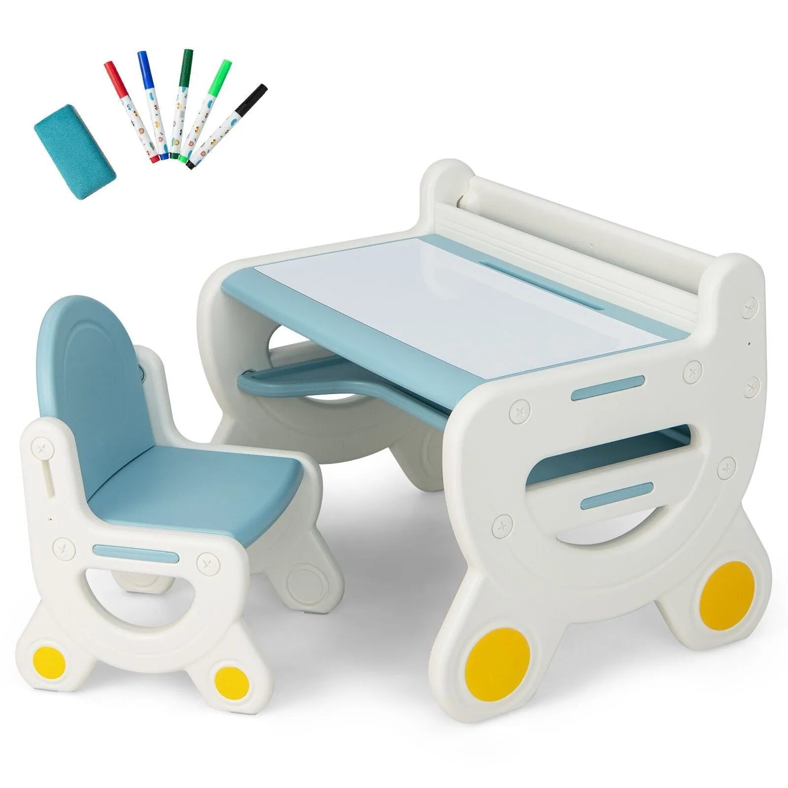 Kids 2-in-1 Table & Chair Set with Whiteboard Top & Storage | Toddler Activity Table | Eraser & Dry-Wipe Pens