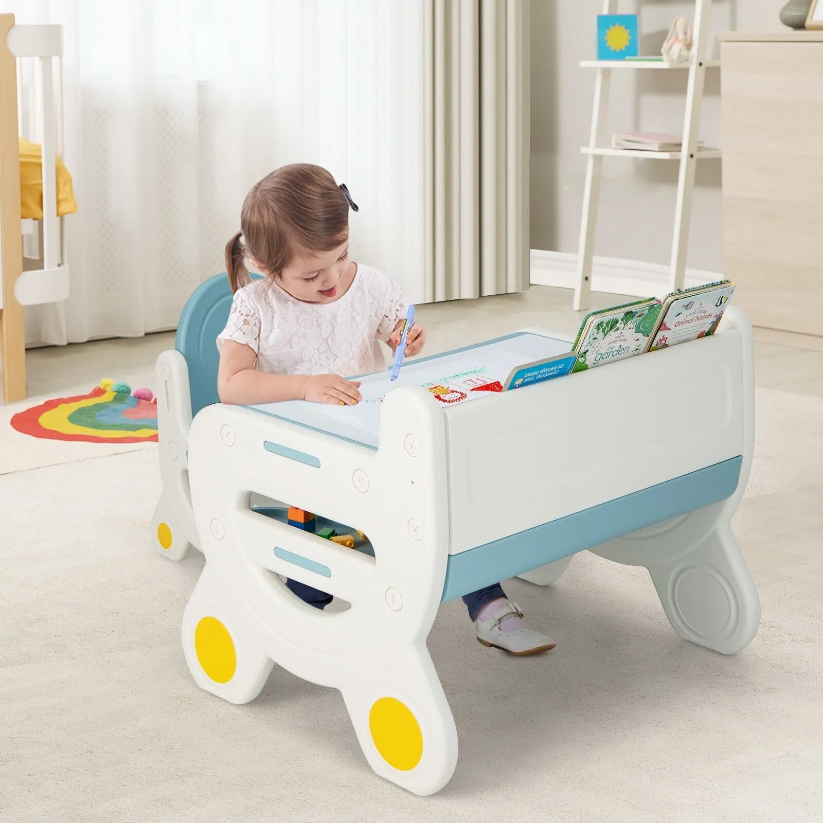 Kids 2-in-1 Table & Chair Set with Whiteboard Top & Storage | Toddler Activity Table | Eraser & Dry-Wipe Pens