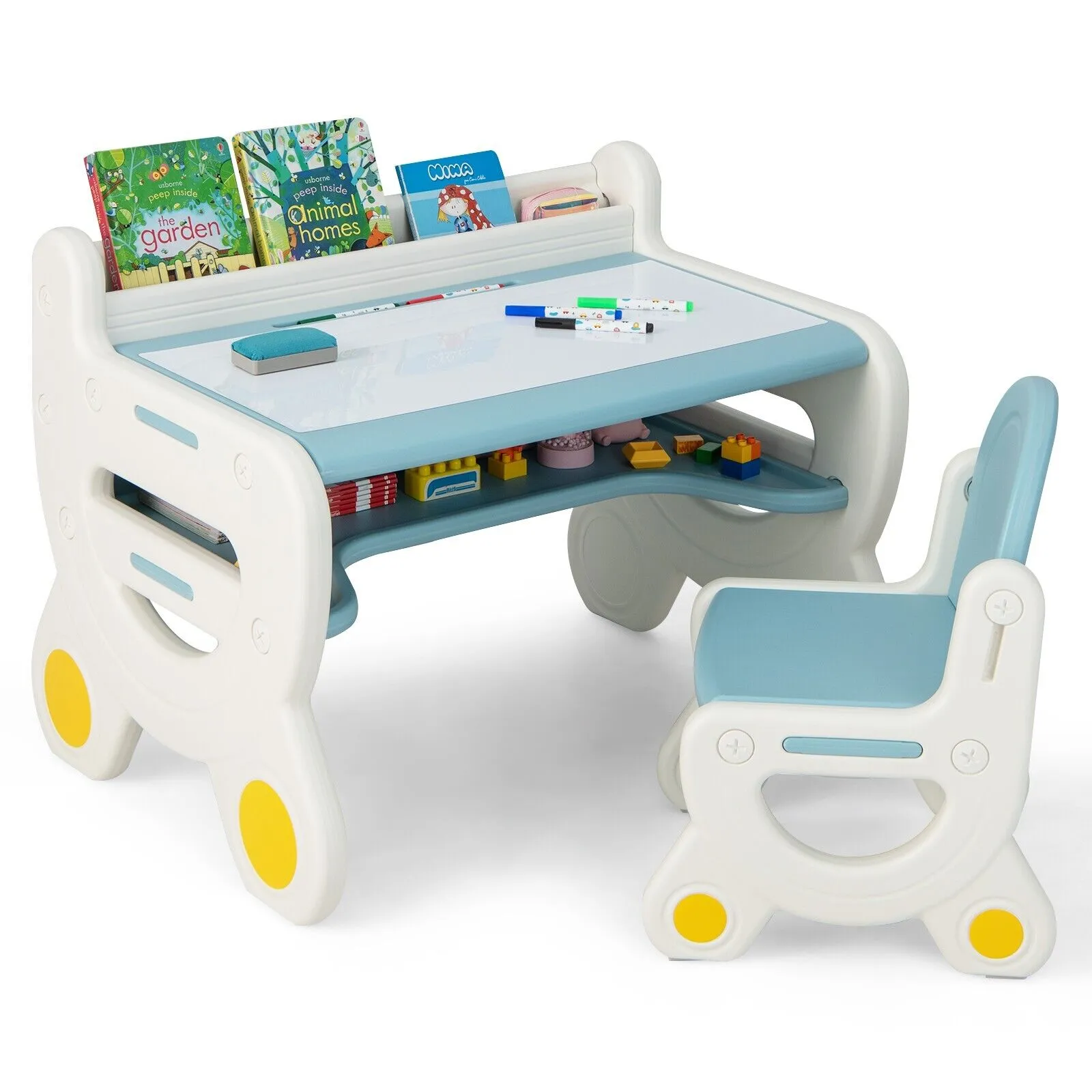 Kids 2-in-1 Table & Chair Set with Whiteboard Top & Storage | Toddler Activity Table | Eraser & Dry-Wipe Pens