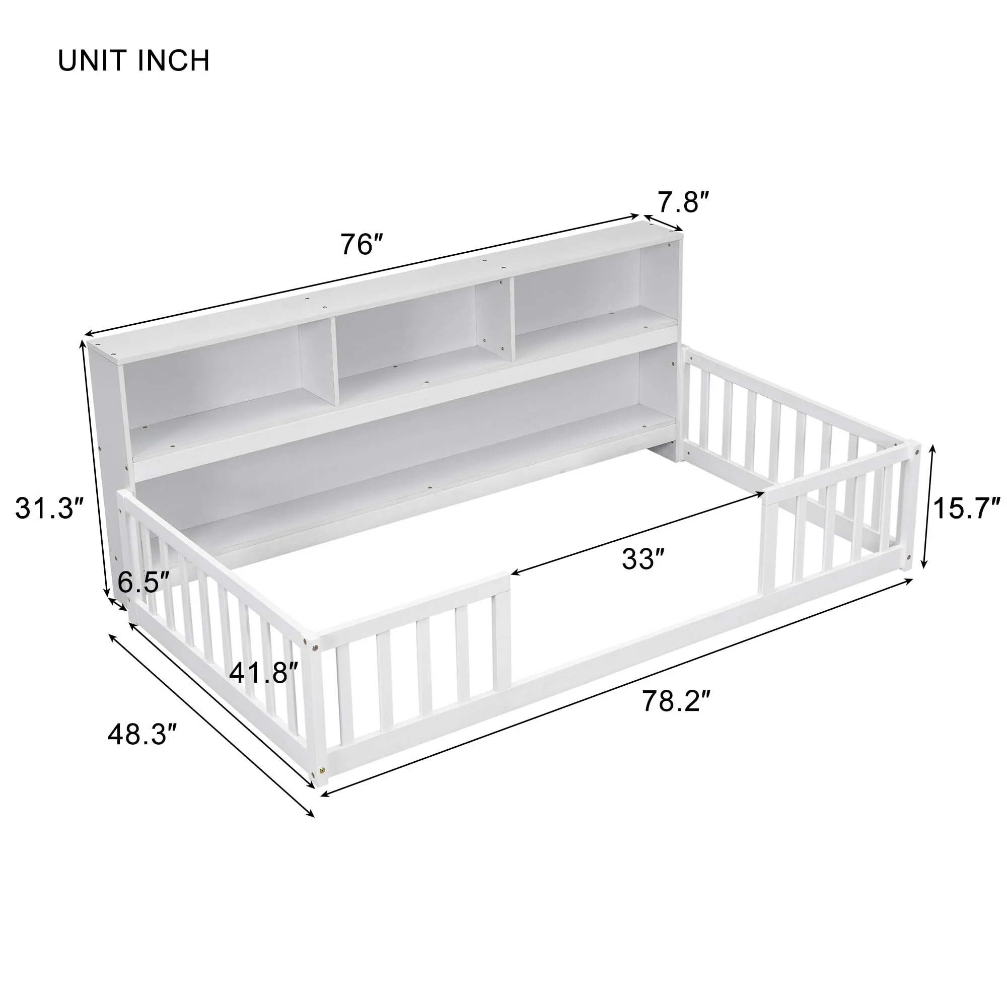 Kids Floor Bed Twin Size Pine Wood Frame with Bookcase and Shelves