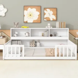 Kids Floor Bed Twin Size Pine Wood Frame with Bookcase and Shelves