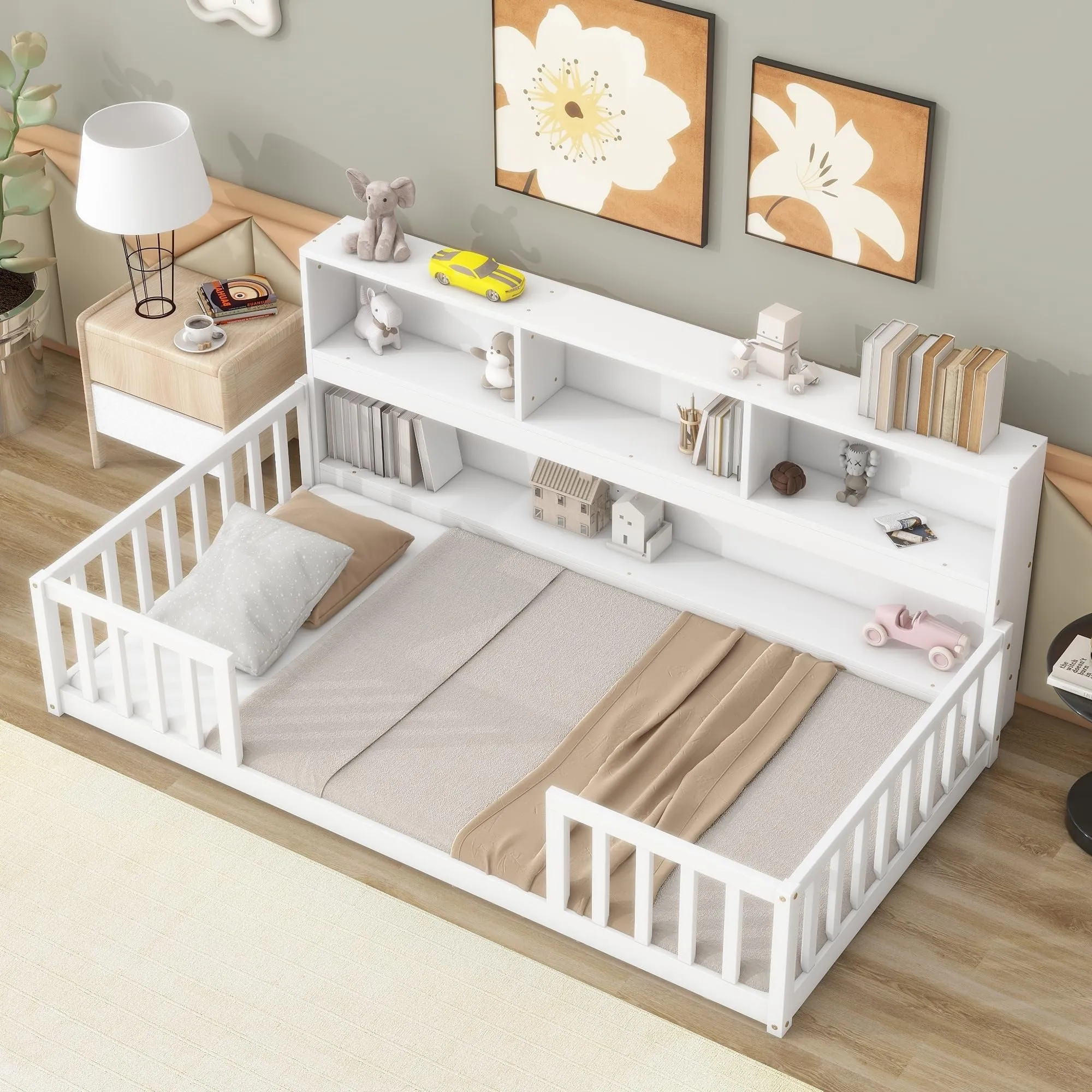 Kids Floor Bed Twin Size Pine Wood Frame with Bookcase and Shelves