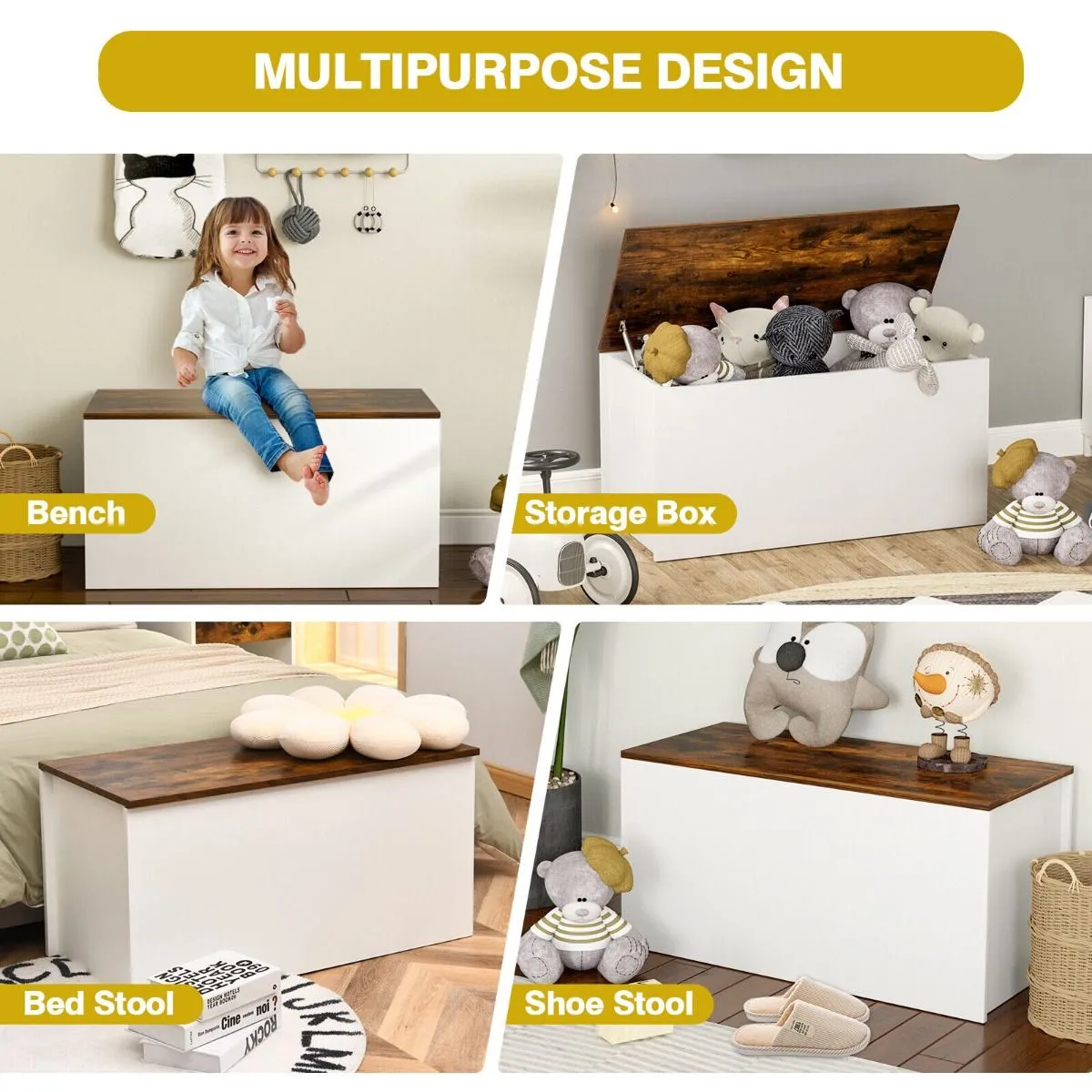 Kids Multifunctional Wooden Toy Box | Self-Holding Lid | Childrens Wooden Toy Storage Box | White