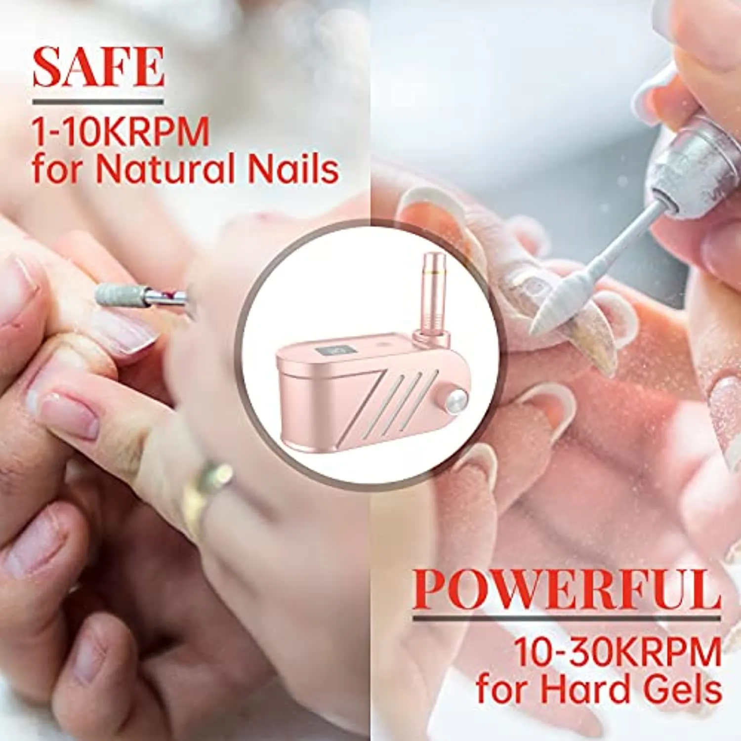 Kredioo Nail Drill Machine Professional, 30000RPM Electric File for Acrylic Nails Manicure Kit, with 6 Drill Bits 56 Sanding Bands LED Screen Easy Set-Pink