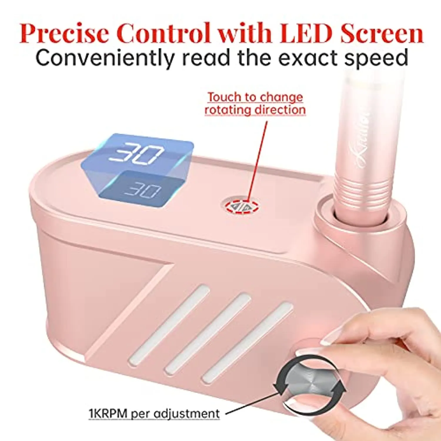 Kredioo Nail Drill Machine Professional, 30000RPM Electric File for Acrylic Nails Manicure Kit, with 6 Drill Bits 56 Sanding Bands LED Screen Easy Set-Pink