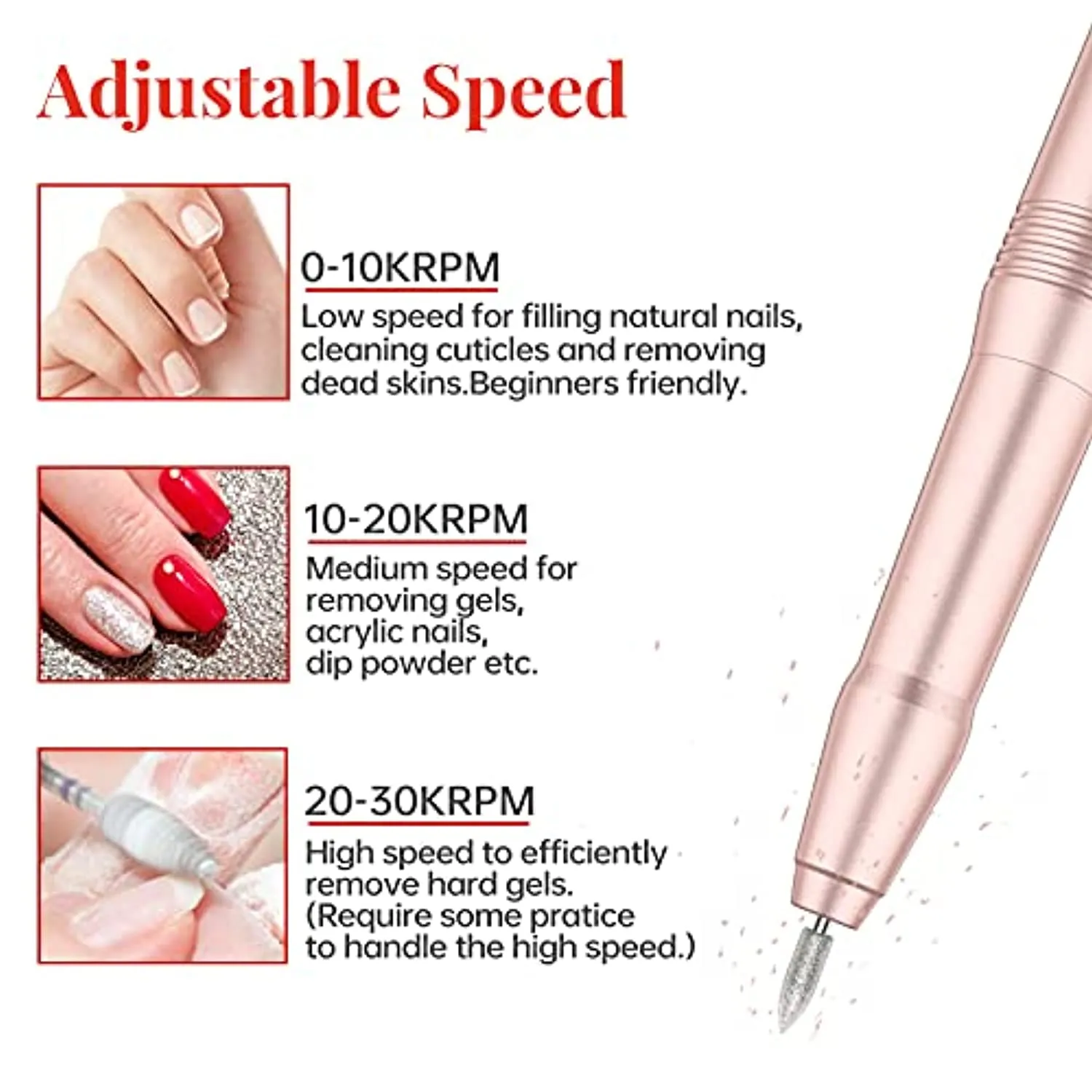 Kredioo Nail Drill Machine Professional, 30000RPM Electric File for Acrylic Nails Manicure Kit, with 6 Drill Bits 56 Sanding Bands LED Screen Easy Set-Pink