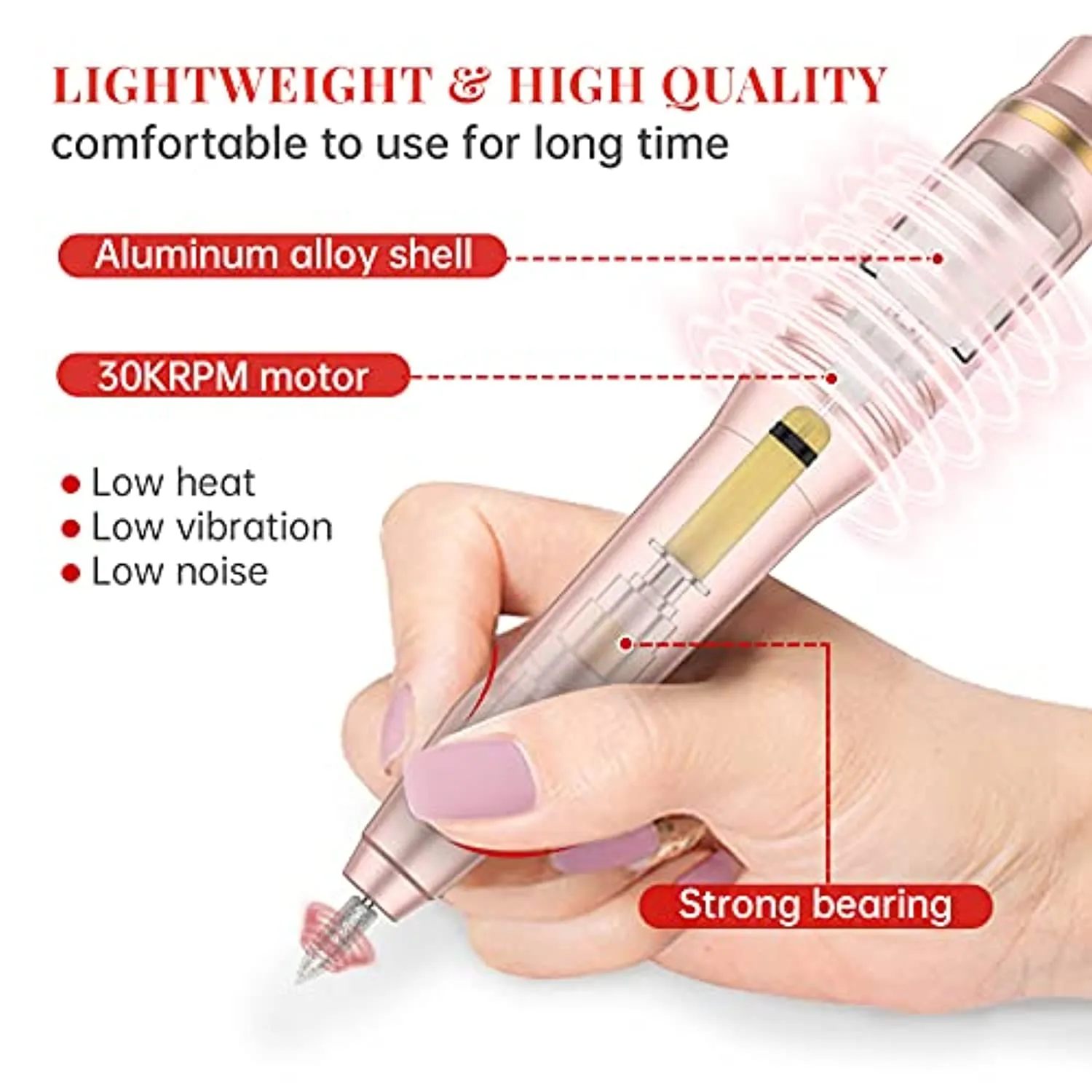 Kredioo Nail Drill Machine Professional, 30000RPM Electric File for Acrylic Nails Manicure Kit, with 6 Drill Bits 56 Sanding Bands LED Screen Easy Set-Pink