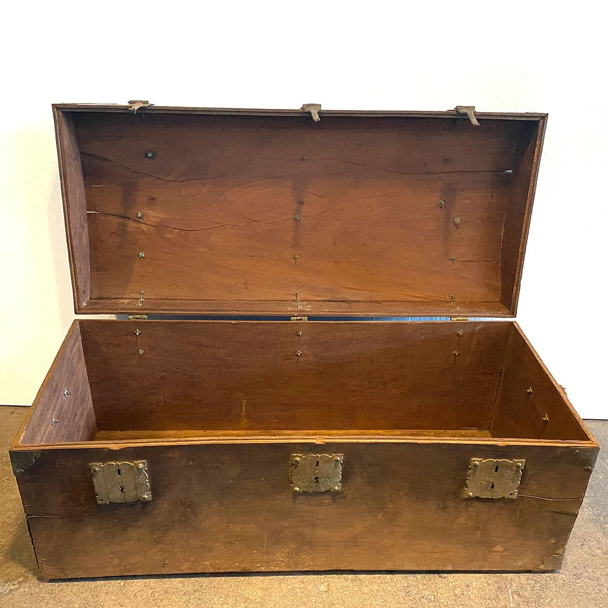 Large Early Indo-Portuguese Iron Mounted Painted Teak Dome Top Trunk