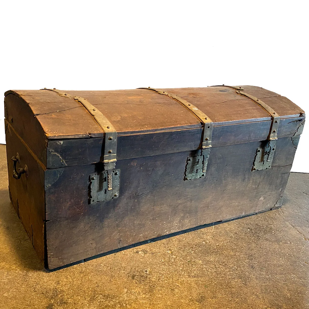 Large Early Indo-Portuguese Iron Mounted Painted Teak Dome Top Trunk