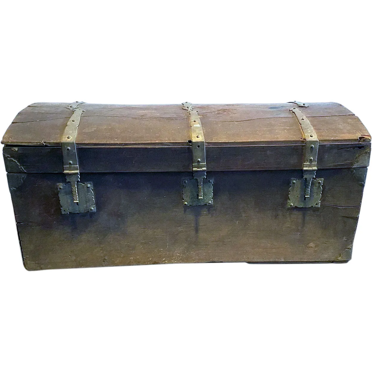 Large Early Indo-Portuguese Iron Mounted Painted Teak Dome Top Trunk