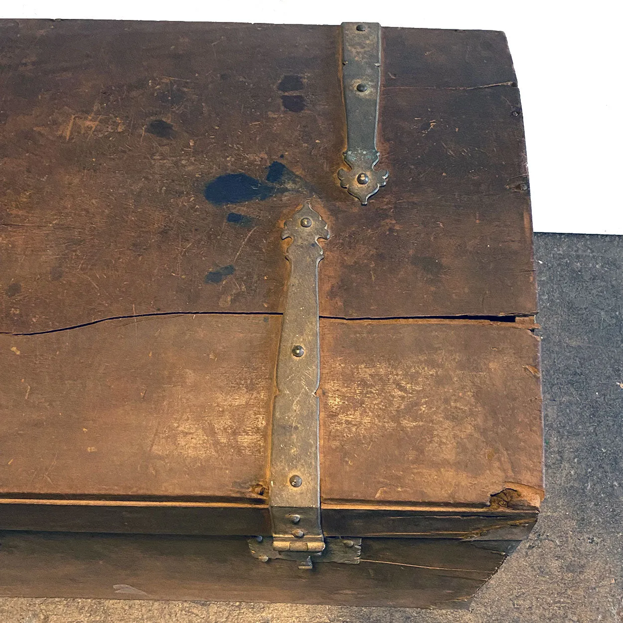 Large Early Indo-Portuguese Iron Mounted Painted Teak Dome Top Trunk