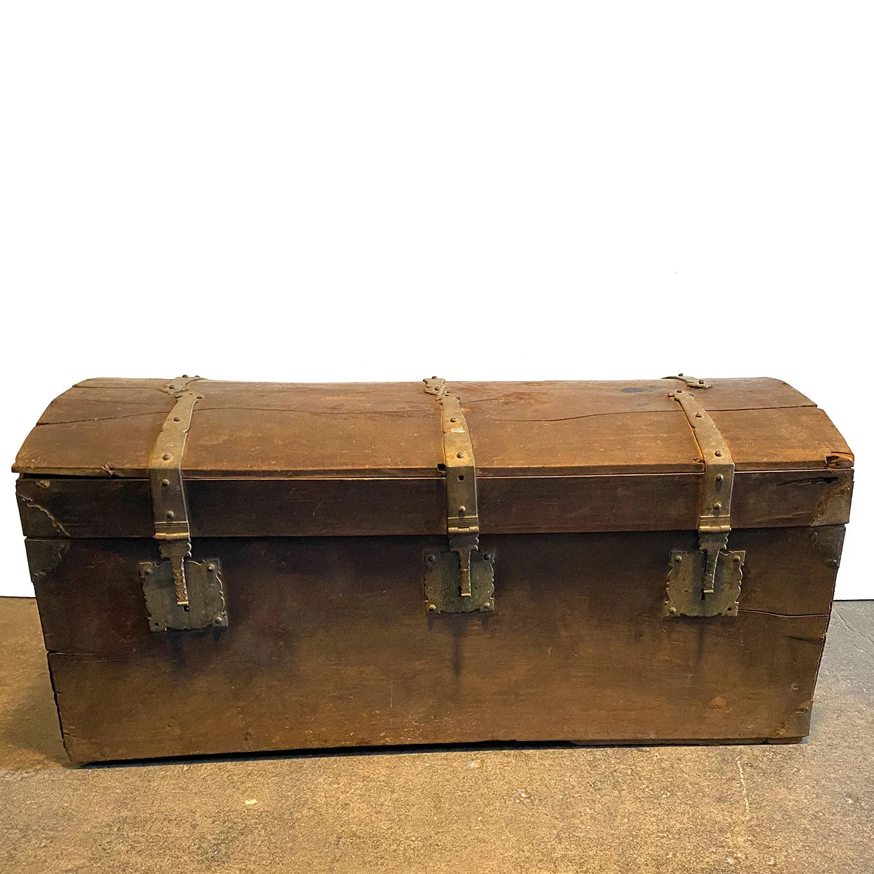 Large Early Indo-Portuguese Iron Mounted Painted Teak Dome Top Trunk