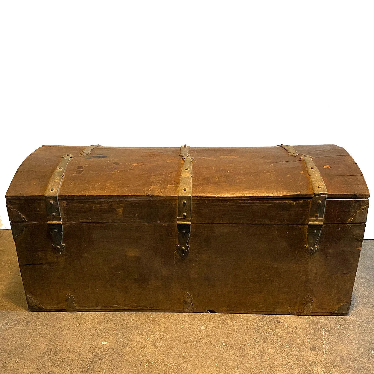 Large Early Indo-Portuguese Iron Mounted Painted Teak Dome Top Trunk