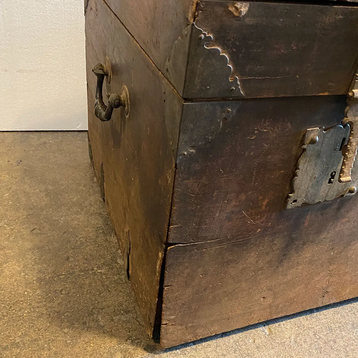 Large Early Indo-Portuguese Iron Mounted Painted Teak Dome Top Trunk