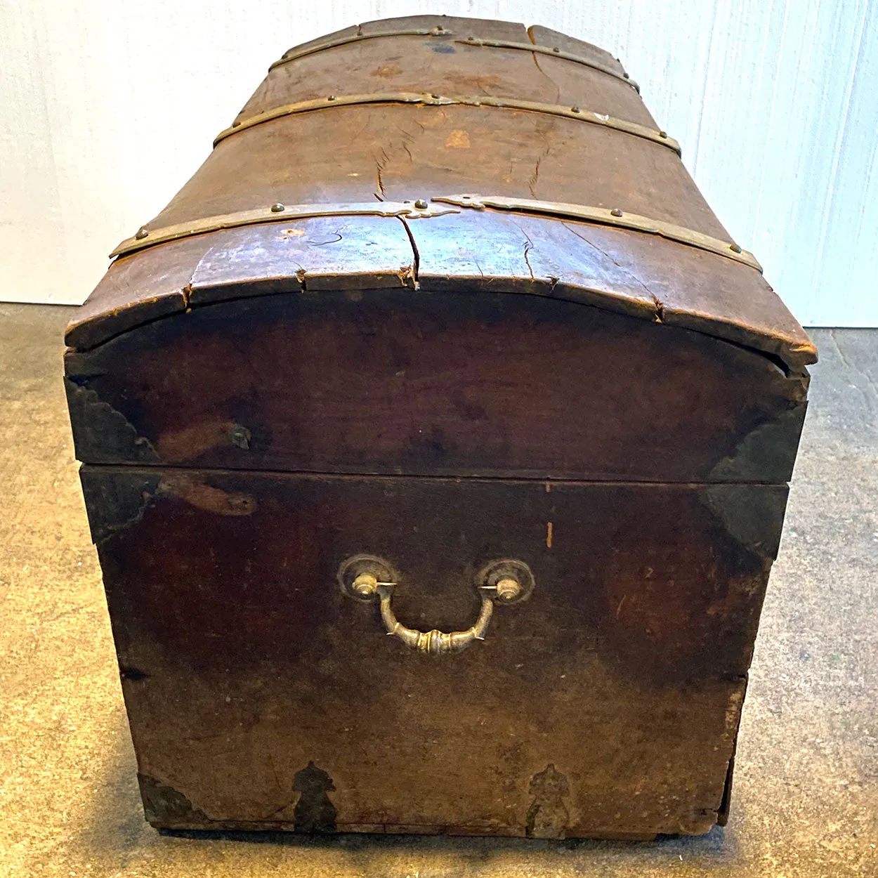 Large Early Indo-Portuguese Iron Mounted Painted Teak Dome Top Trunk